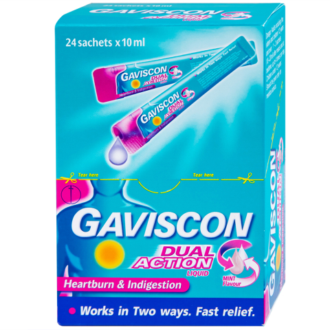 Thuốc Gaviscon Dual Action Reckitt Benckiser giúp trung hòa acid dịch vị dạ dày (24 gói x 10ml)