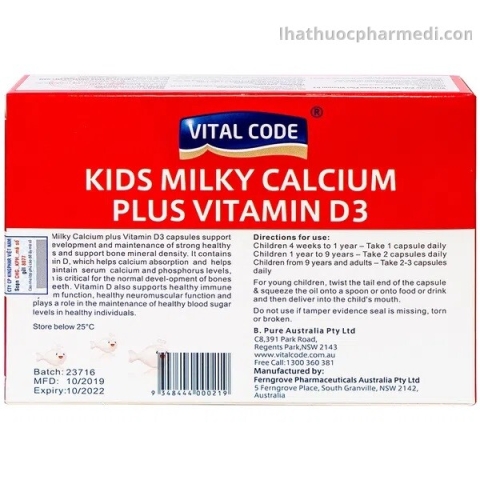 Viên Uống Bổ Sung Canxi Cho Trẻ Vital Code Kids Milky Calcium Plus Vitamin D3 ( ÚC ) hộp 30v_12